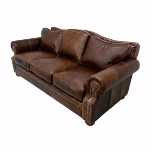 A rich brown leather sofa with curved backrest and armrests, featuring a classic button-tufted design, stands against a white background.